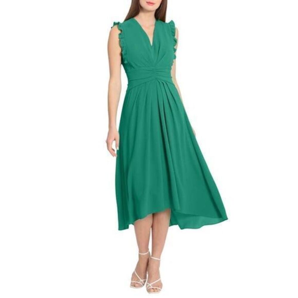 Maggy London Emerald Green Midi Dress with Ruffle Sleeves